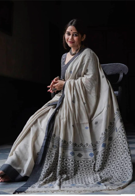 Mist Grace Pure Cotton Jamdani Saree in Grey