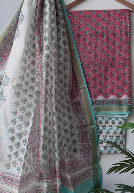 Unstitched Maheshwari Silk Hand Block Printed Suit in Wine Rose