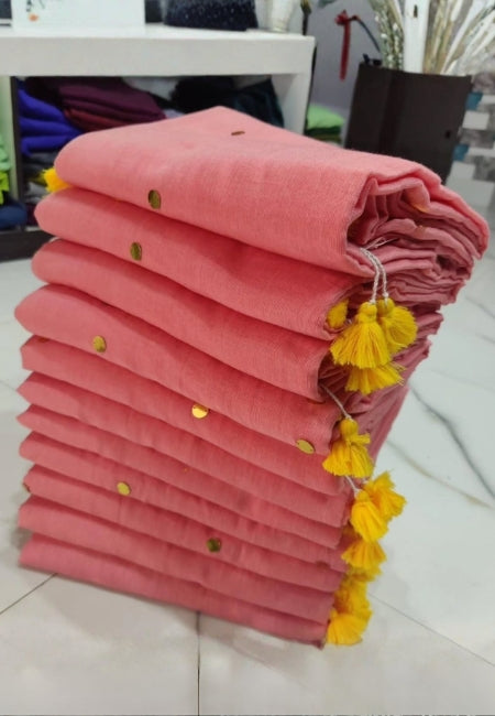 Elegant Peach Mulmul Cotton Saree with Embroidery Detailing