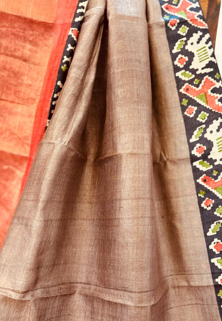 Pure Tussar Silk Handloom Saree – Earthy Brown with Red & Black Border