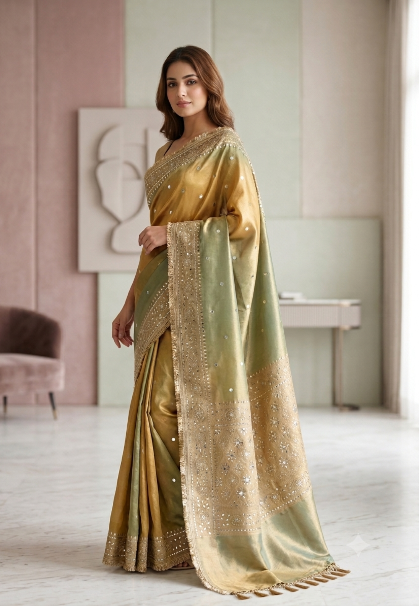 Olive Gold Tissue Silk Saree with Mirror Work & Designer Border