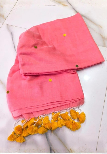 Elegant Peach Mulmul Cotton Saree with Embroidery Detailing