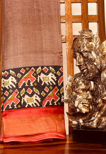 Pure Tussar Silk Handloom Saree – Earthy Brown with Red & Black Border