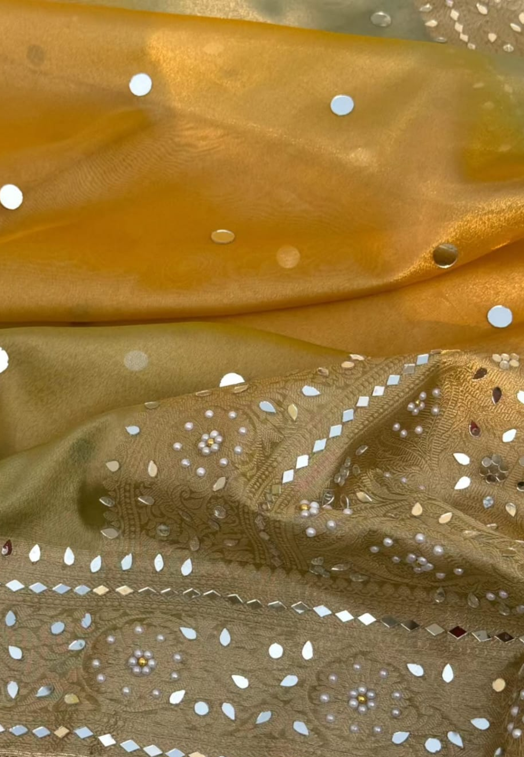 Olive Gold Tissue Silk Saree with Mirror Work & Designer Border