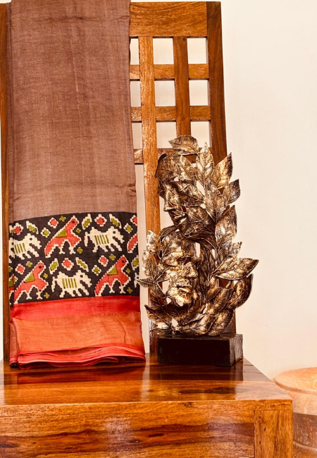 Pure Tussar Silk Handloom Saree – Earthy Brown with Red & Black Border