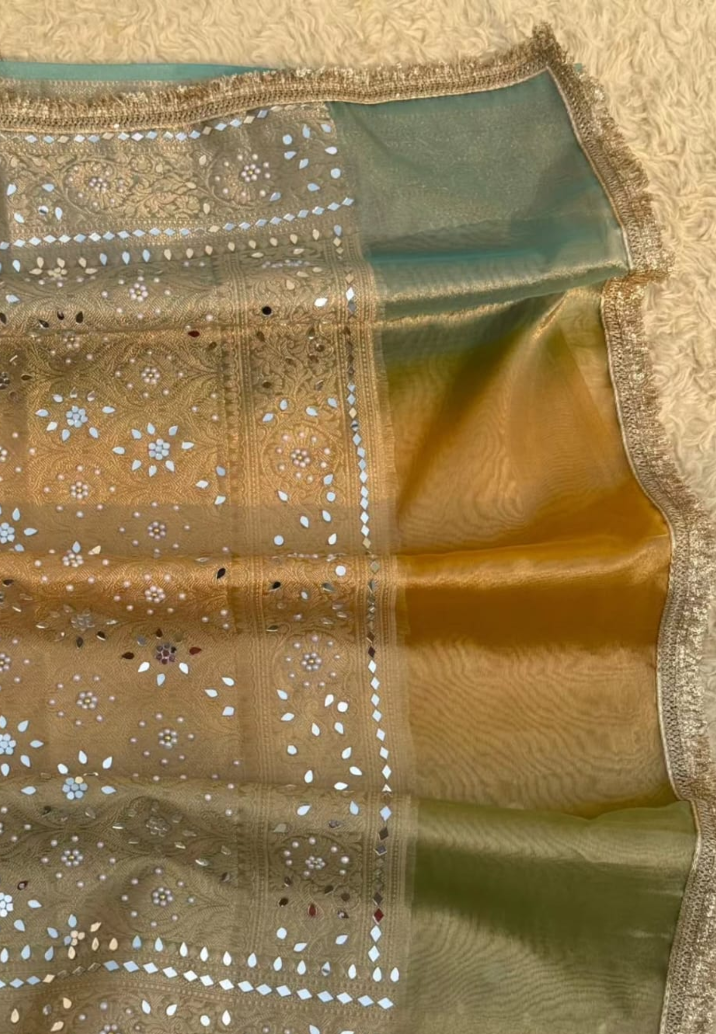 Olive Gold Tissue Silk Saree with Mirror Work & Designer Border