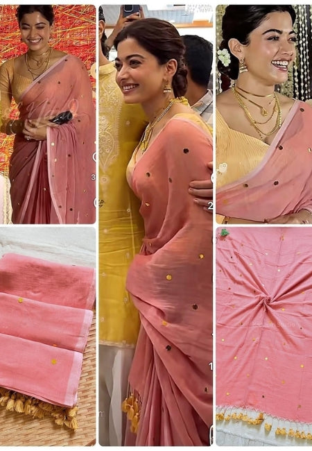 Elegant Peach Mulmul Cotton Saree with Embroidery Detailing