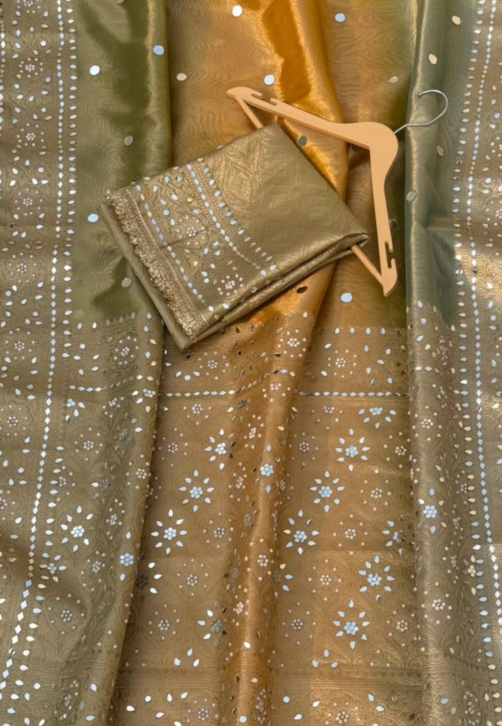 Olive Gold Tissue Silk Saree with Mirror Work & Designer Border