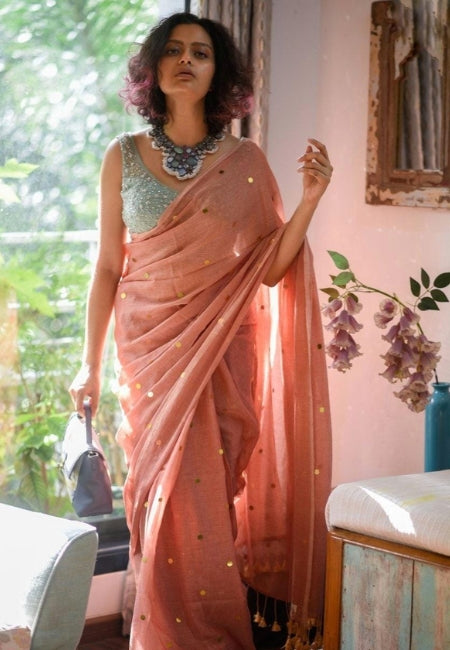 Elegant Peach Mulmul Cotton Saree with Embroidery Detailing