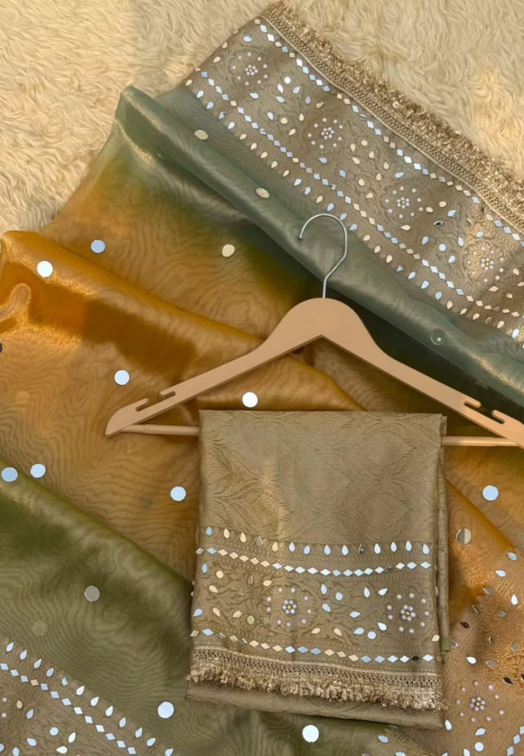 Olive Gold Tissue Silk Saree with Mirror Work & Designer Border