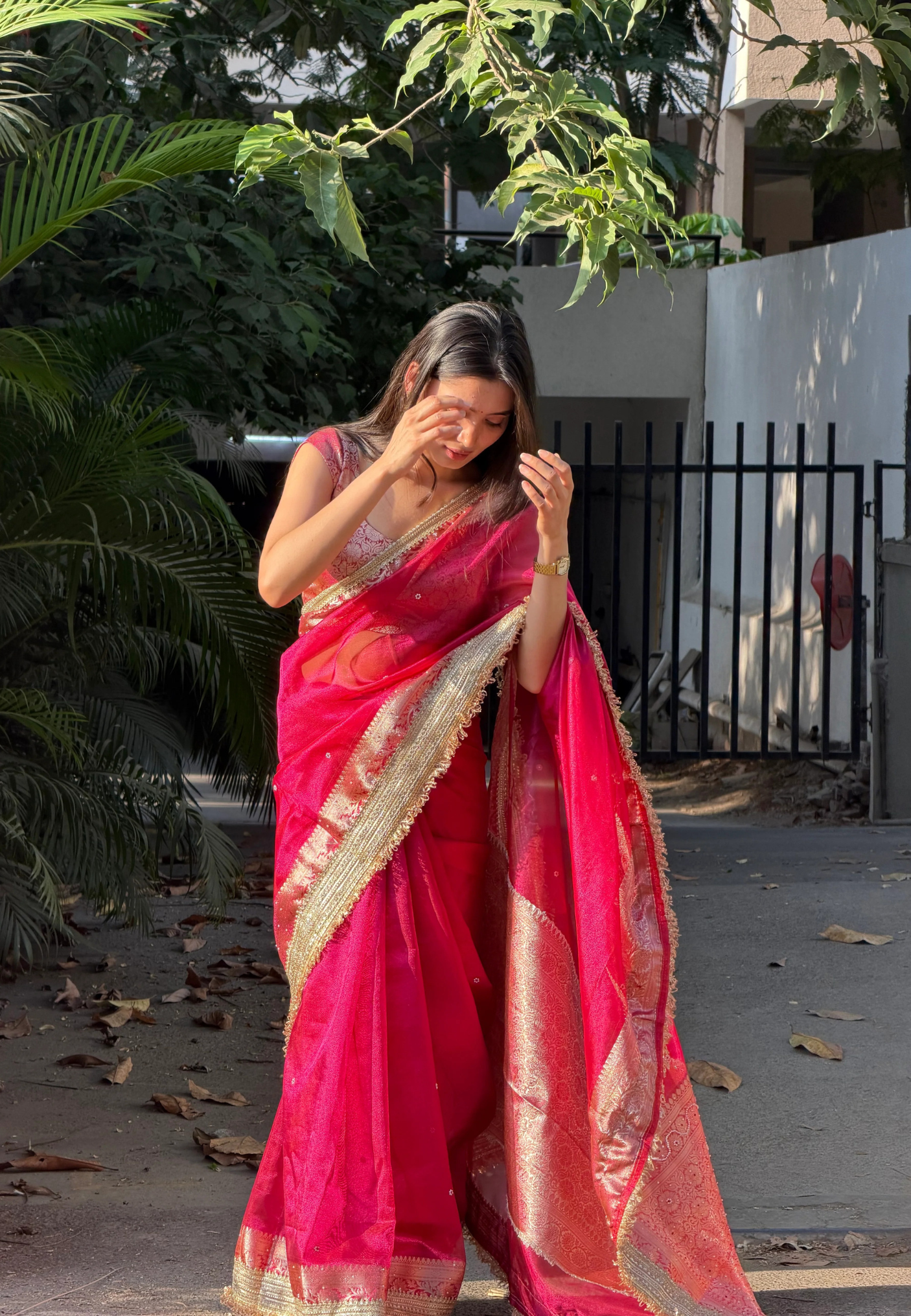 Red & Pink Soft Tissue Silk Saree with Designer Hand Stone Work & Lace Border
