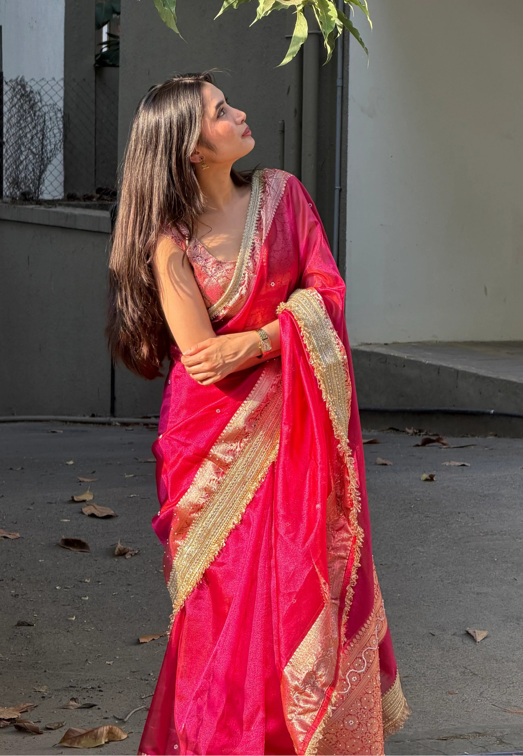 Red & Pink Soft Tissue Silk Saree with Designer Hand Stone Work & Lace Border