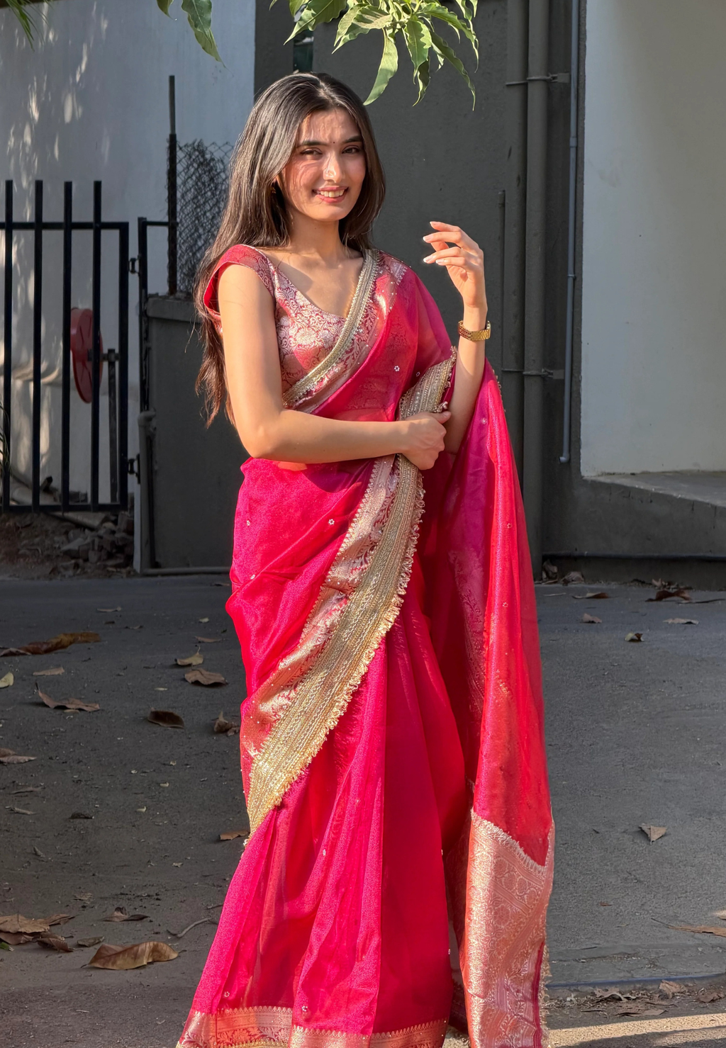 Red & Pink Soft Tissue Silk Saree with Designer Hand Stone Work & Lace Border
