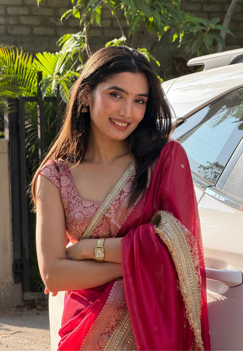 Red & Pink Soft Tissue Silk Saree with Designer Hand Stone Work & Lace Border