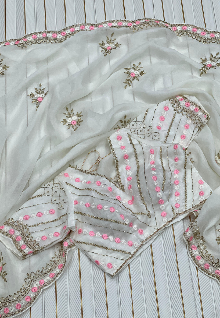 White Fandy Chiffon Saree with Pink & Golden Embroidery