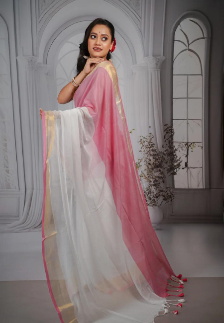 Soft Cotton Rainbow Mull Saree – Pink & White (No Blouse Piece)
