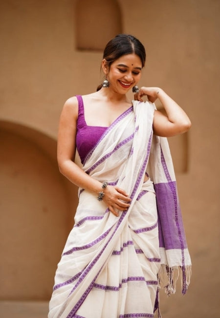 Elegant White Pure Mulmul Cotton Saree with Purple Border