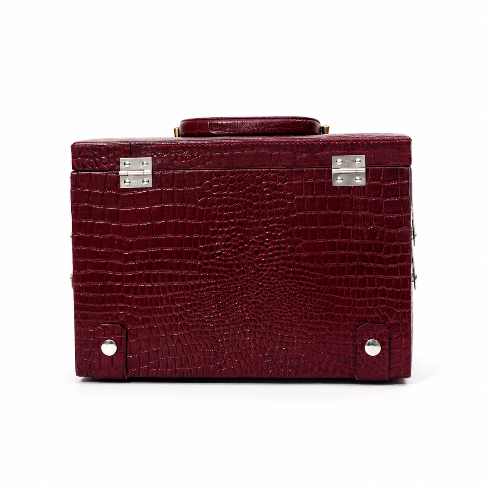 Luxury Cherry Red Crocodile Texture Leather Jewellery Box with Mirror, Multi-Layer Jewellery Storage Organizer for Rings, Earrings, Necklaces, Bracelets, Bangles & Watches (25.91 × 18.29 × 18.54 cm)