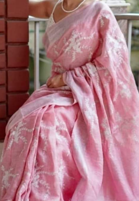 Soft Pink Pure Linen Saree with White Embroidery