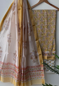 Unstitched Maheshwari Silk Hand Block Printed Suit in Elegant Golden