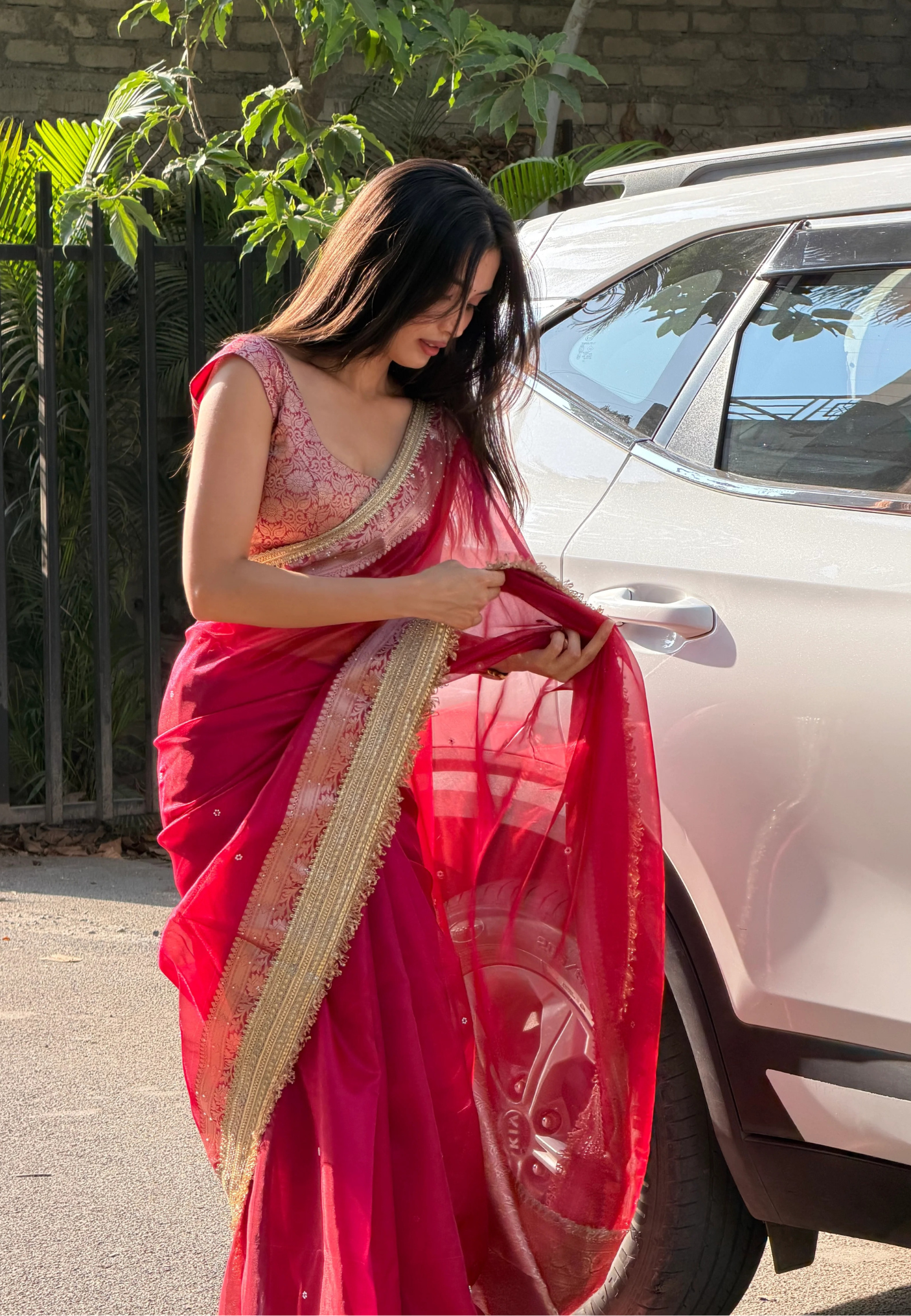Red & Pink Soft Tissue Silk Saree with Designer Hand Stone Work & Lace Border
