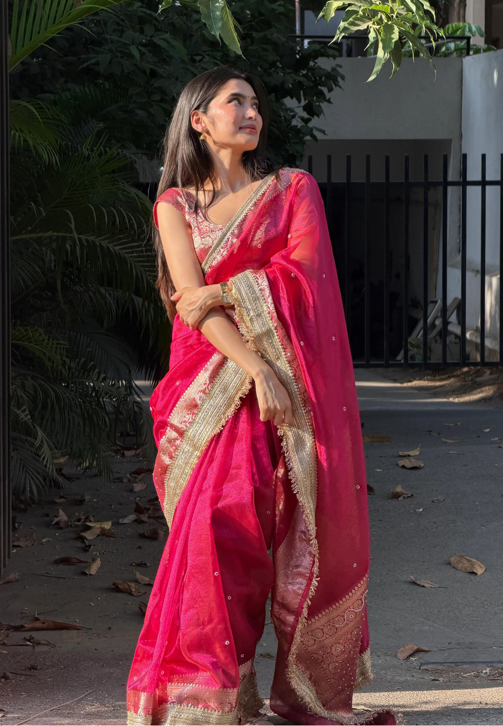 Red & Pink Soft Tissue Silk Saree with Designer Hand Stone Work & Lace Border