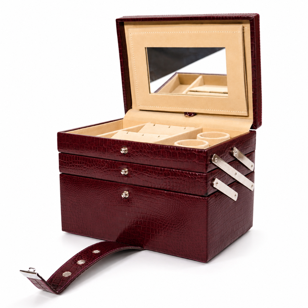 Luxury Cherry Red Crocodile Texture Leather Jewellery Box with Mirror, Multi-Layer Jewellery Storage Organizer for Rings, Earrings, Necklaces, Bracelets, Bangles & Watches (25.91 × 18.29 × 18.54 cm)