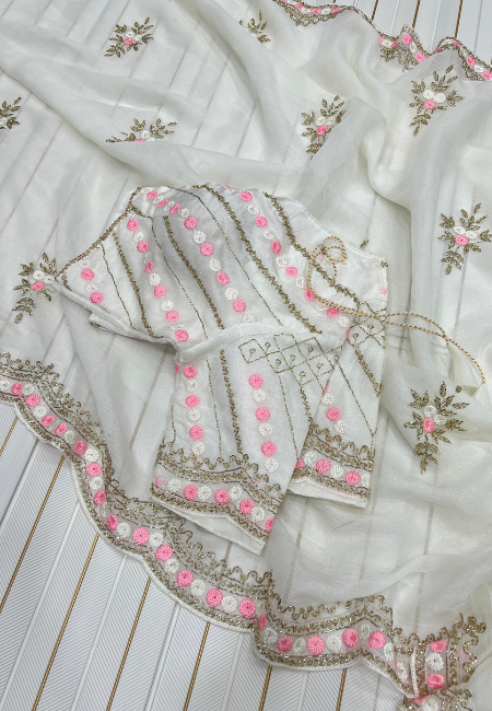 White Fandy Chiffon Saree with Pink & Golden Embroidery