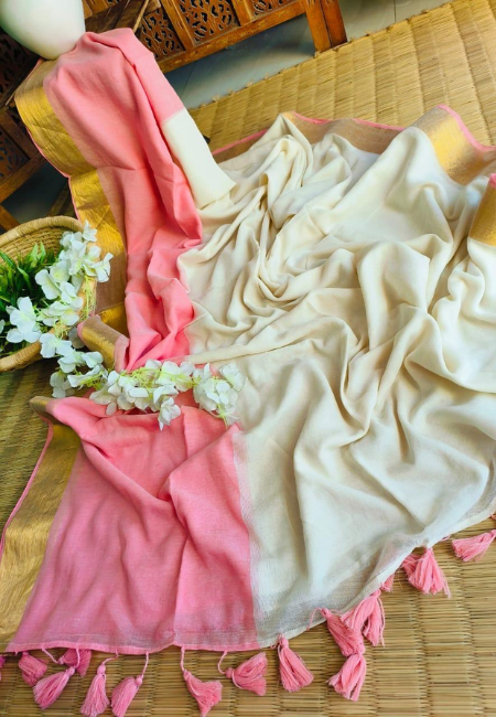 Soft Cotton Rainbow Mull Saree – Pink & White (No Blouse Piece)