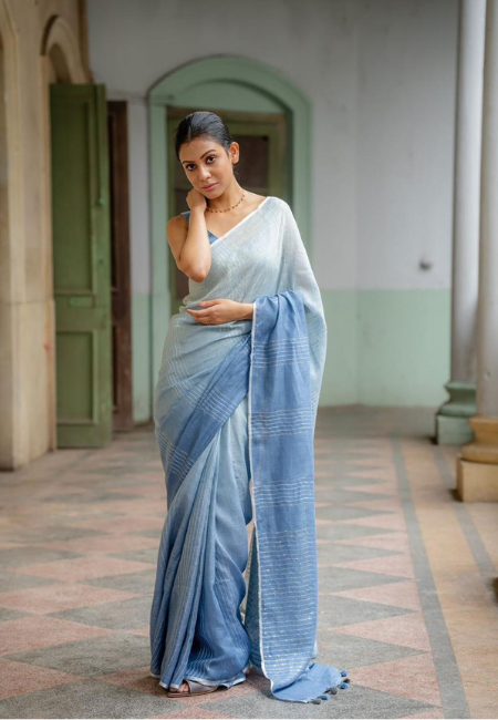 Powder Blue Pure Linen Saree