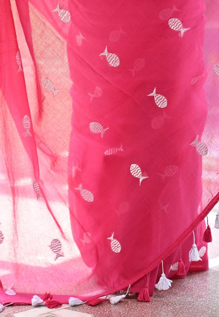 Pink Mul Cotton Saree with Fish Print