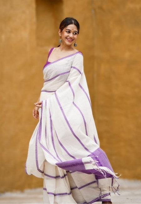 Elegant White Pure Mulmul Cotton Saree with Purple Border