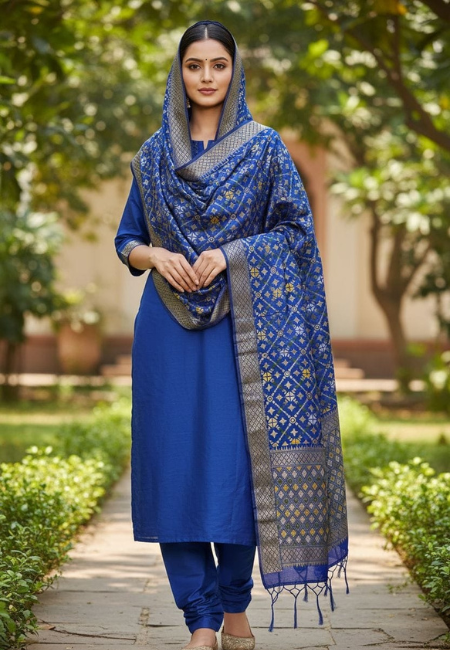 Unstitched Banarasi Soft Katan Silk Plain Suit in Royal Blue with Heavy Jaal Weaving Dupatta