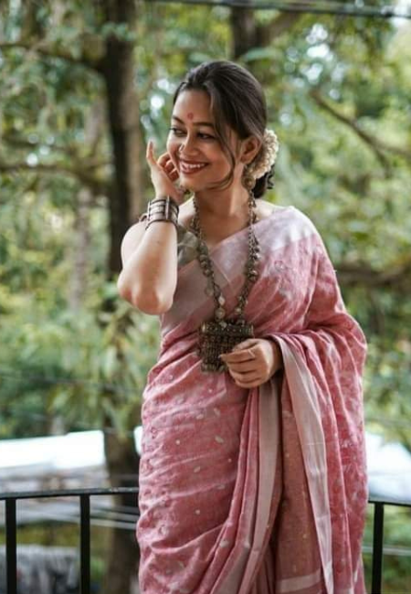 Rose Pink Pure Linen Saree with Subtle White Embroidery
