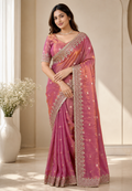 Wine Pink Semi Tissue Satin Silk Saree with Designer Embroidered Lace Border