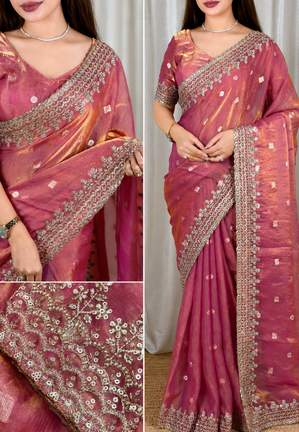 Wine Pink Semi Tissue Satin Silk Saree with Designer Embroidered Lace Border