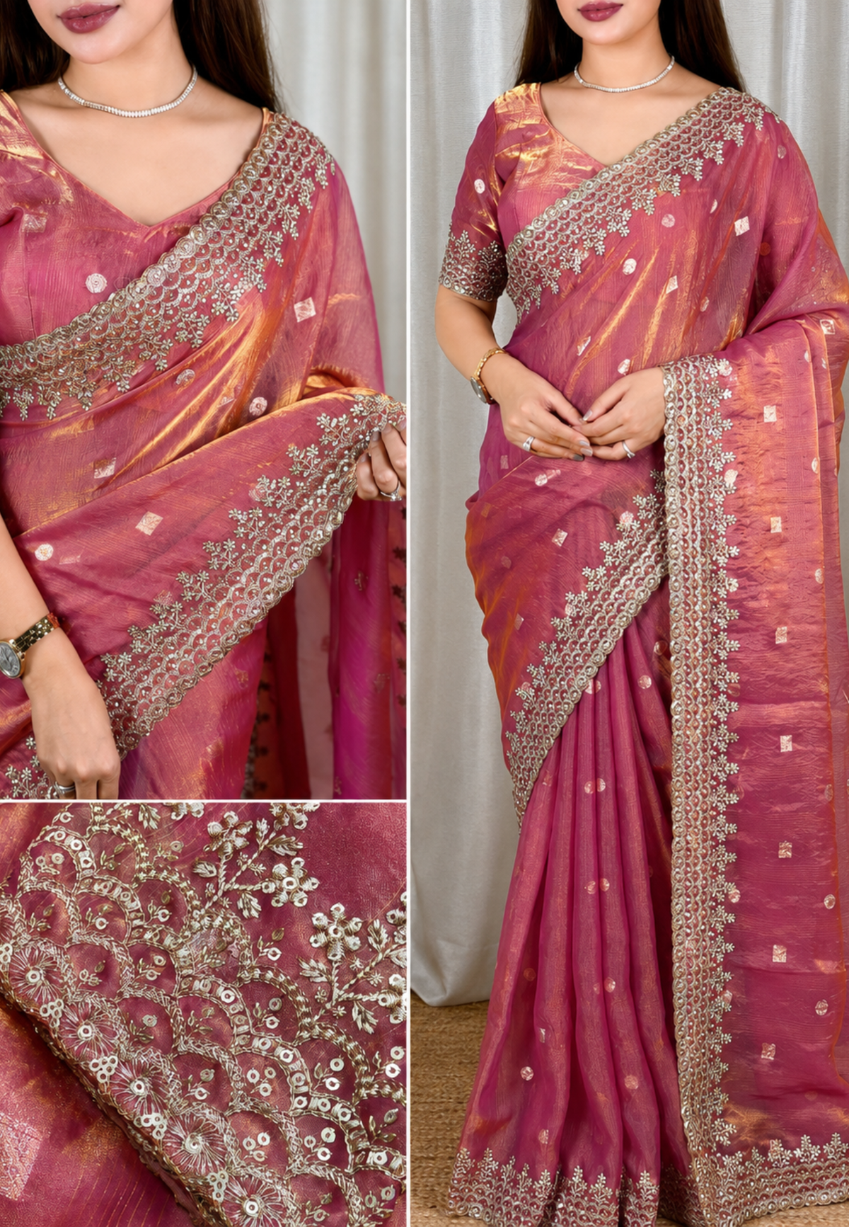 Wine Pink Semi Tissue Satin Silk Saree with Designer Embroidered Lace Border