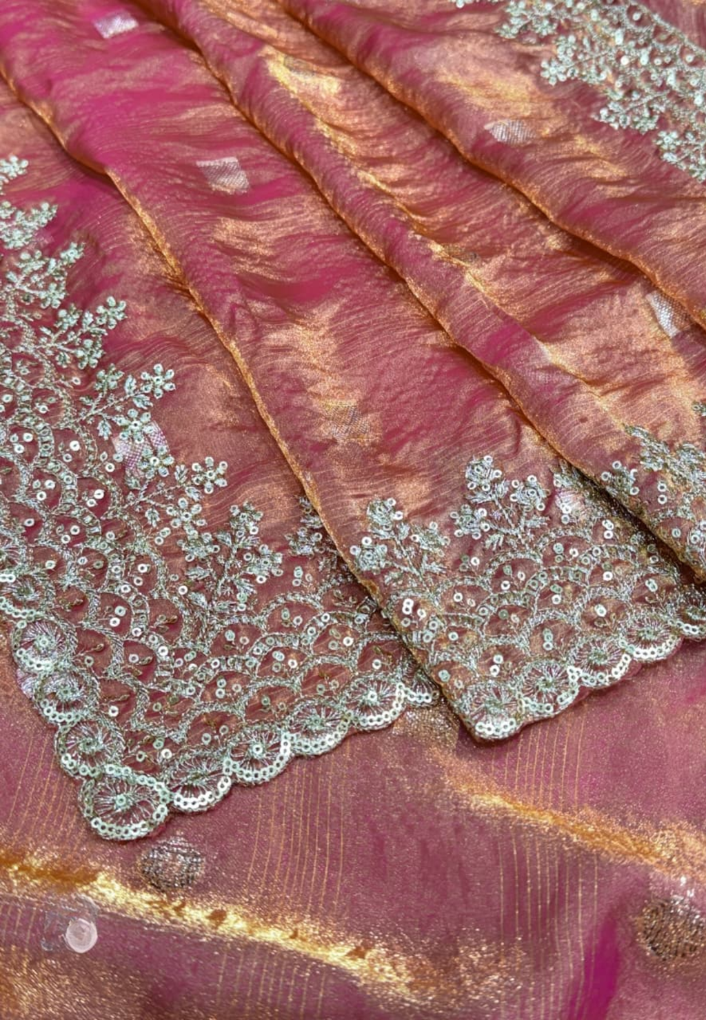 Wine Pink Semi Tissue Satin Silk Saree with Designer Embroidered Lace Border