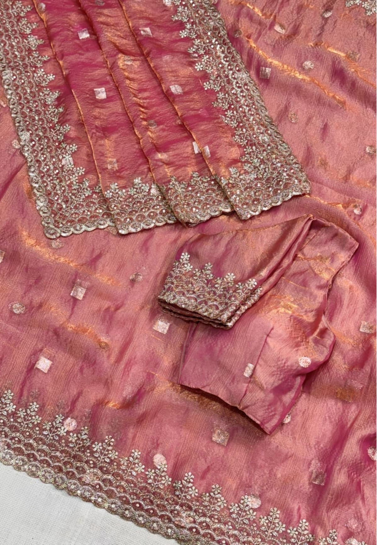 Wine Pink Semi Tissue Satin Silk Saree with Designer Embroidered Lace Border