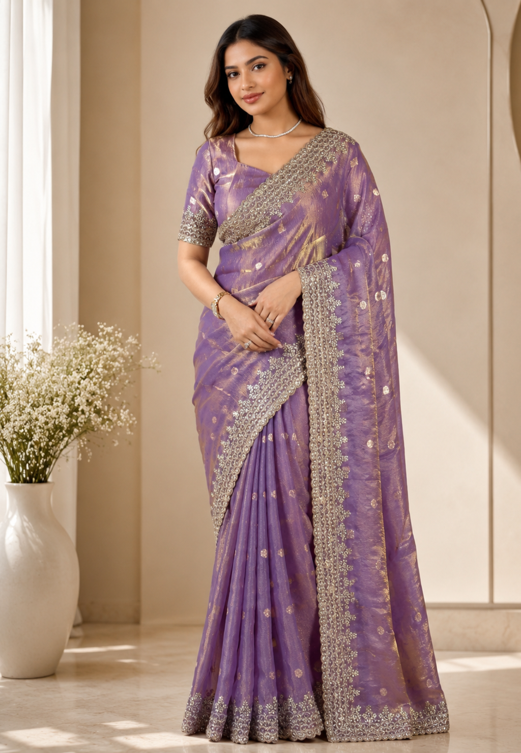 Purple Semi Tissue Satin Silk Saree with Designer Embroidered Lace Border