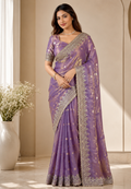 Purple Semi Tissue Satin Silk Saree with Designer Embroidered Lace Border