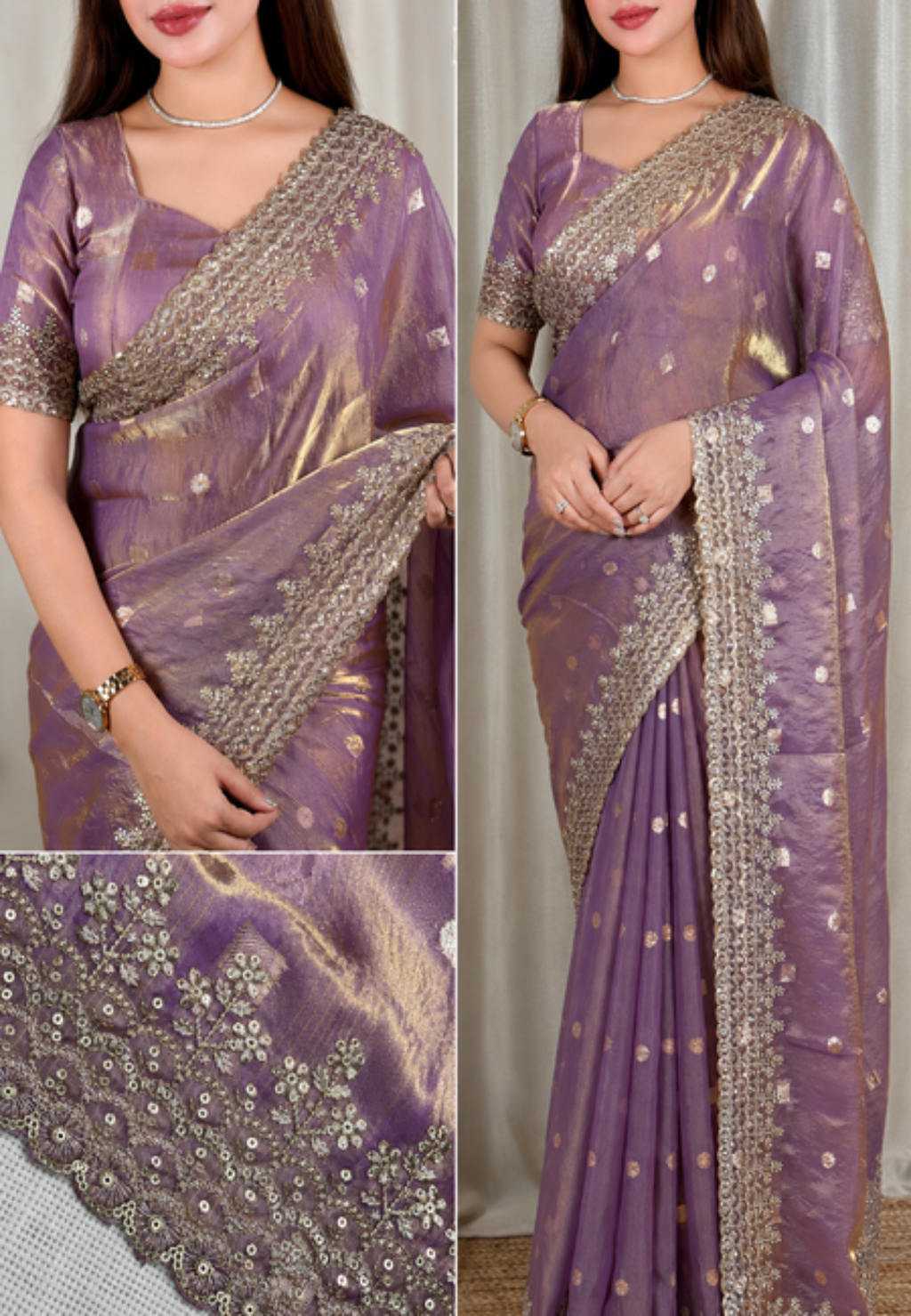 Purple Semi Tissue Satin Silk Saree with Designer Embroidered Lace Border
