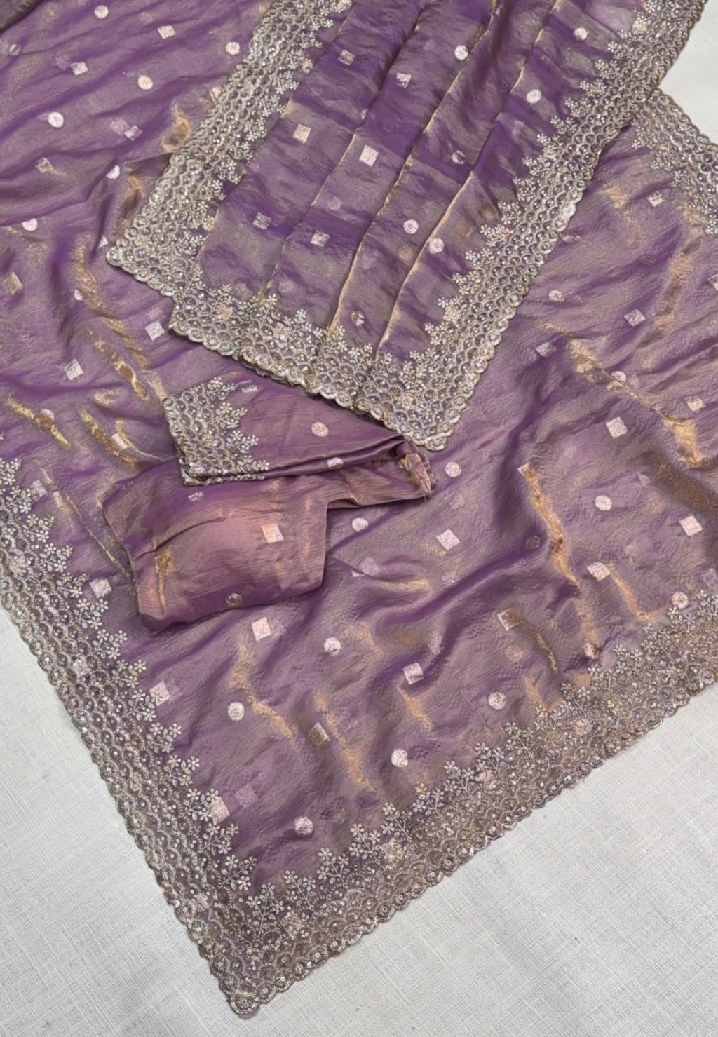 Purple Semi Tissue Satin Silk Saree with Designer Embroidered Lace Border