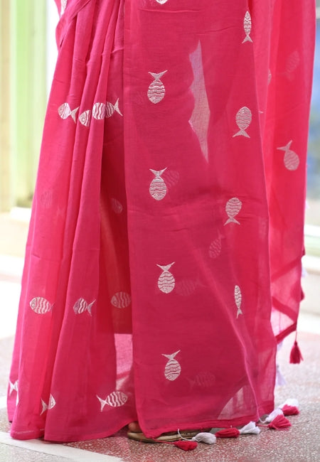 Pink Mul Cotton Saree with Fish Print