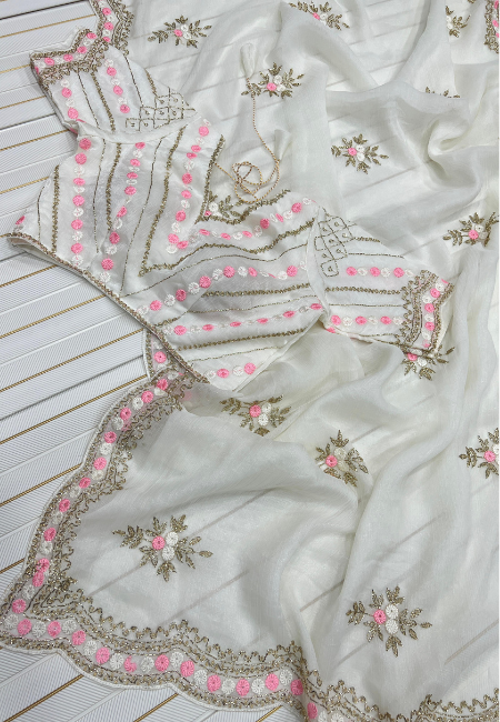 White Fandy Chiffon Saree with Pink & Golden Embroidery