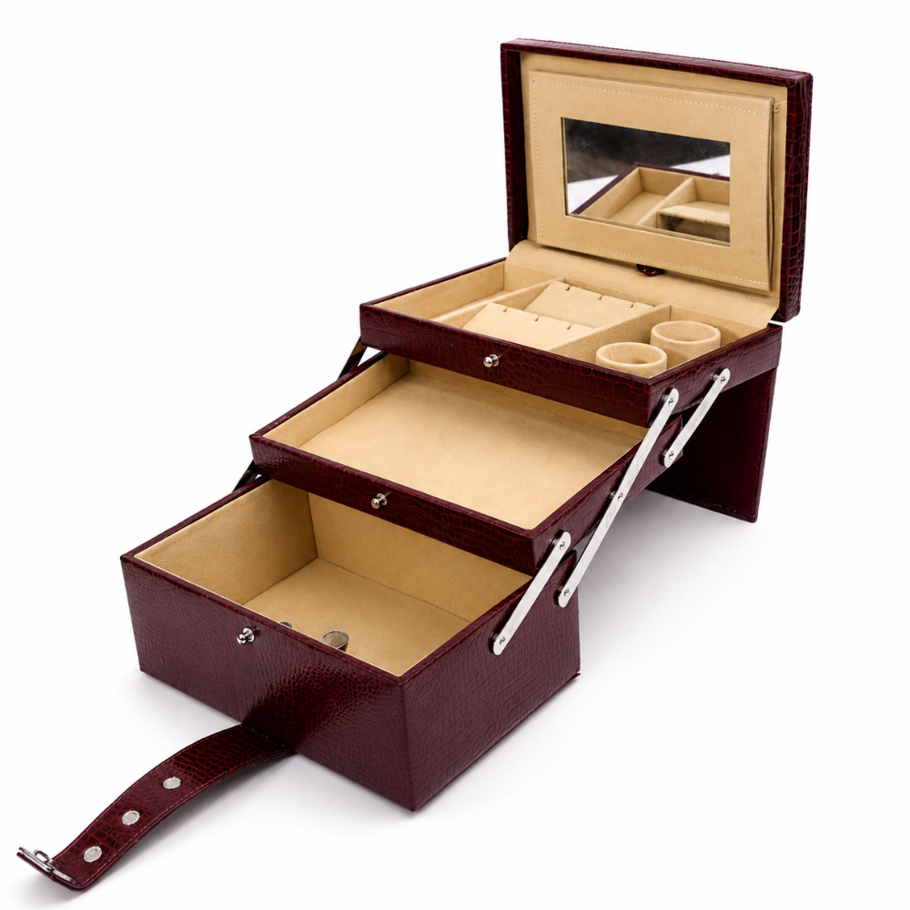 Luxury Cherry Red Crocodile Texture Leather Jewellery Box with Mirror, Multi-Layer Jewellery Storage Organizer for Rings, Earrings, Necklaces, Bracelets, Bangles & Watches (25.91 × 18.29 × 18.54 cm)
