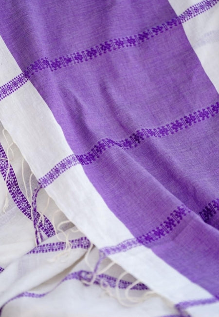 Elegant White Pure Mulmul Cotton Saree with Purple Border