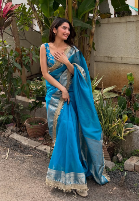 Elegant Turquoise Blue Tissue Silk Woven Kaat Band Work Saree with Premium Lace