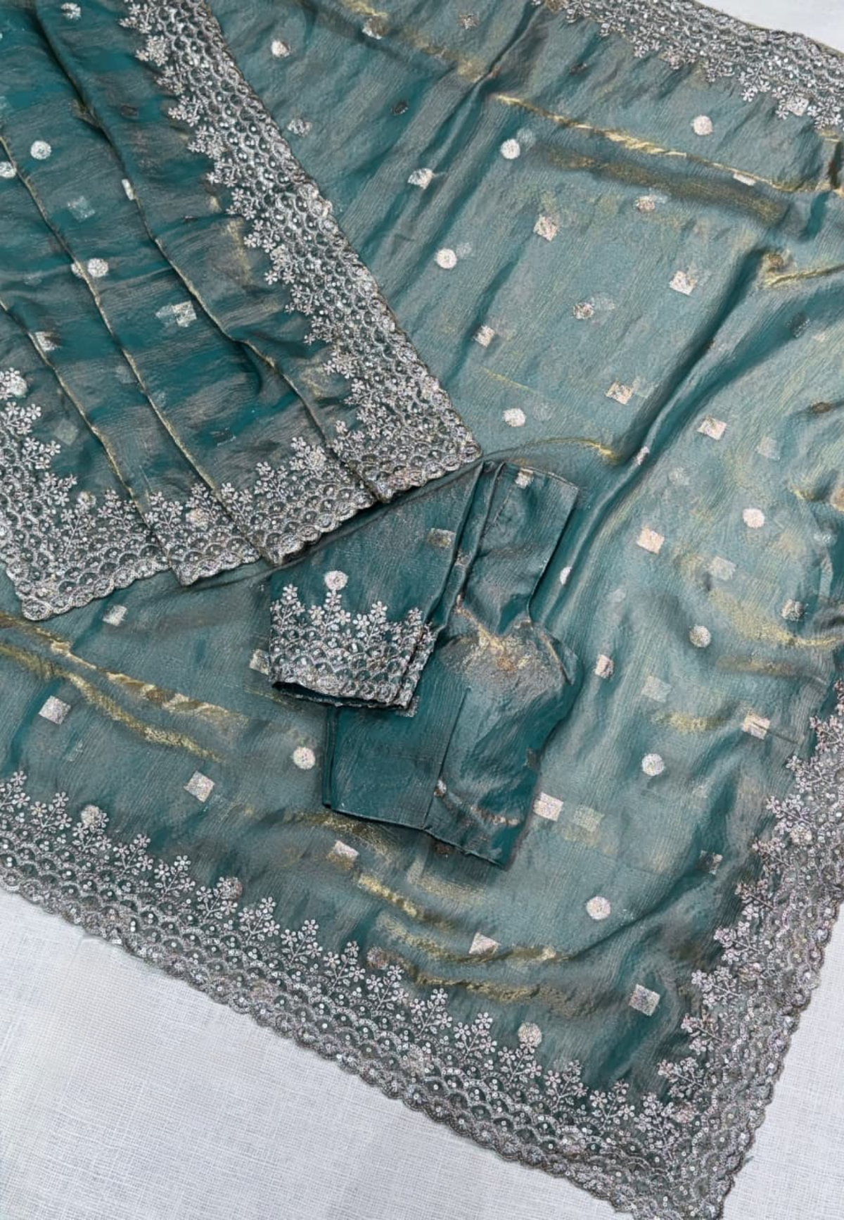 Blue Semi Tissue Satin Silk Saree with Designer Embroidered Lace Border