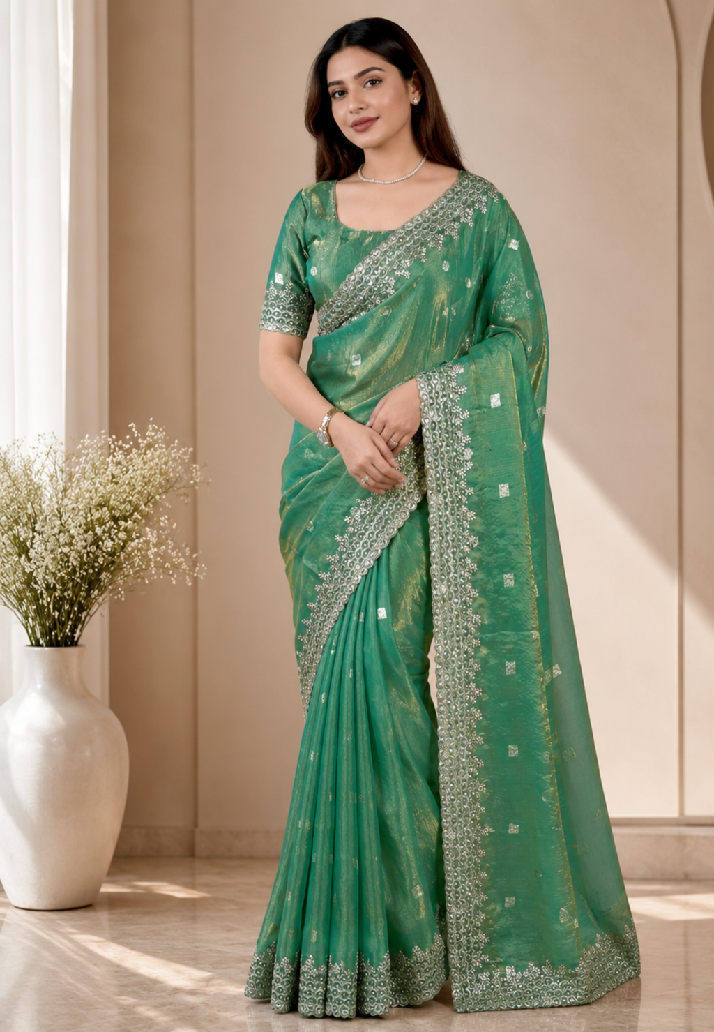 Green Semi Tissue Satin Silk Saree with Designer Embroidered Lace Border